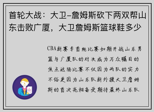 首轮大战：大卫-詹姆斯砍下两双帮山东击败广厦，大卫詹姆斯篮球鞋多少钱