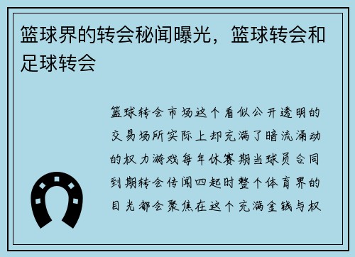 篮球界的转会秘闻曝光，篮球转会和足球转会