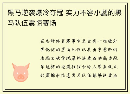 黑马逆袭爆冷夺冠 实力不容小觑的黑马队伍震惊赛场
