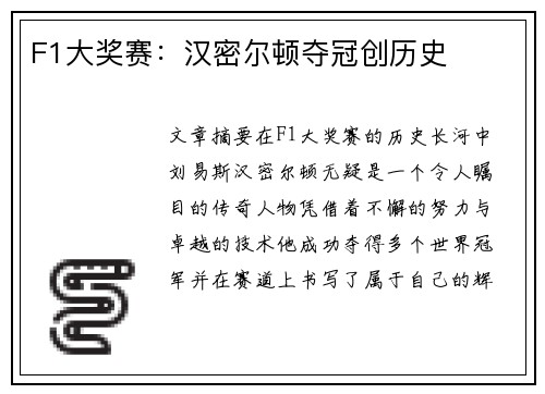 F1大奖赛：汉密尔顿夺冠创历史