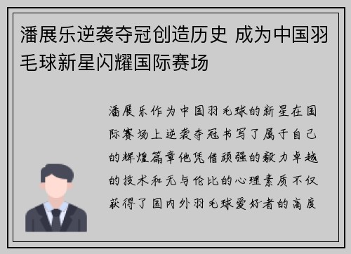 潘展乐逆袭夺冠创造历史 成为中国羽毛球新星闪耀国际赛场